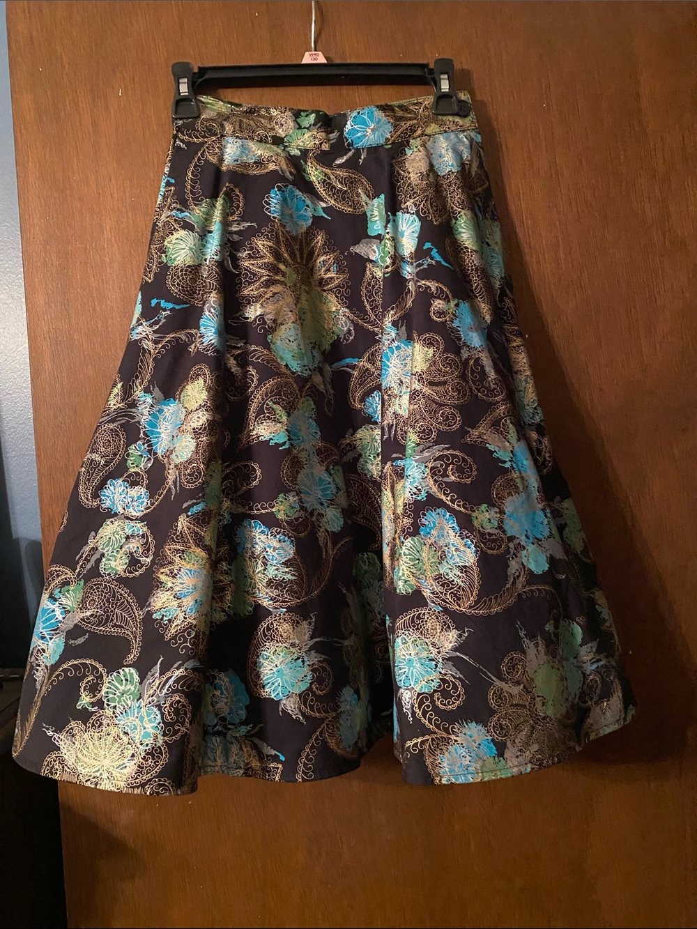 Bettie Page Black A-Line Skirt with Teal & Gold Floral Print